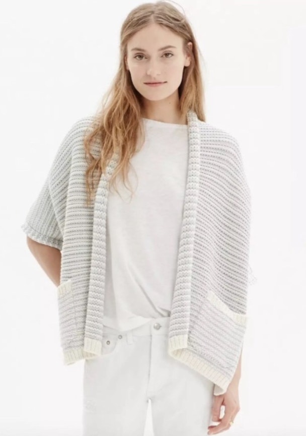 Madewell Curl Up Knit Cardigan Sweater Gray White Nwt Open Front Women's Xs